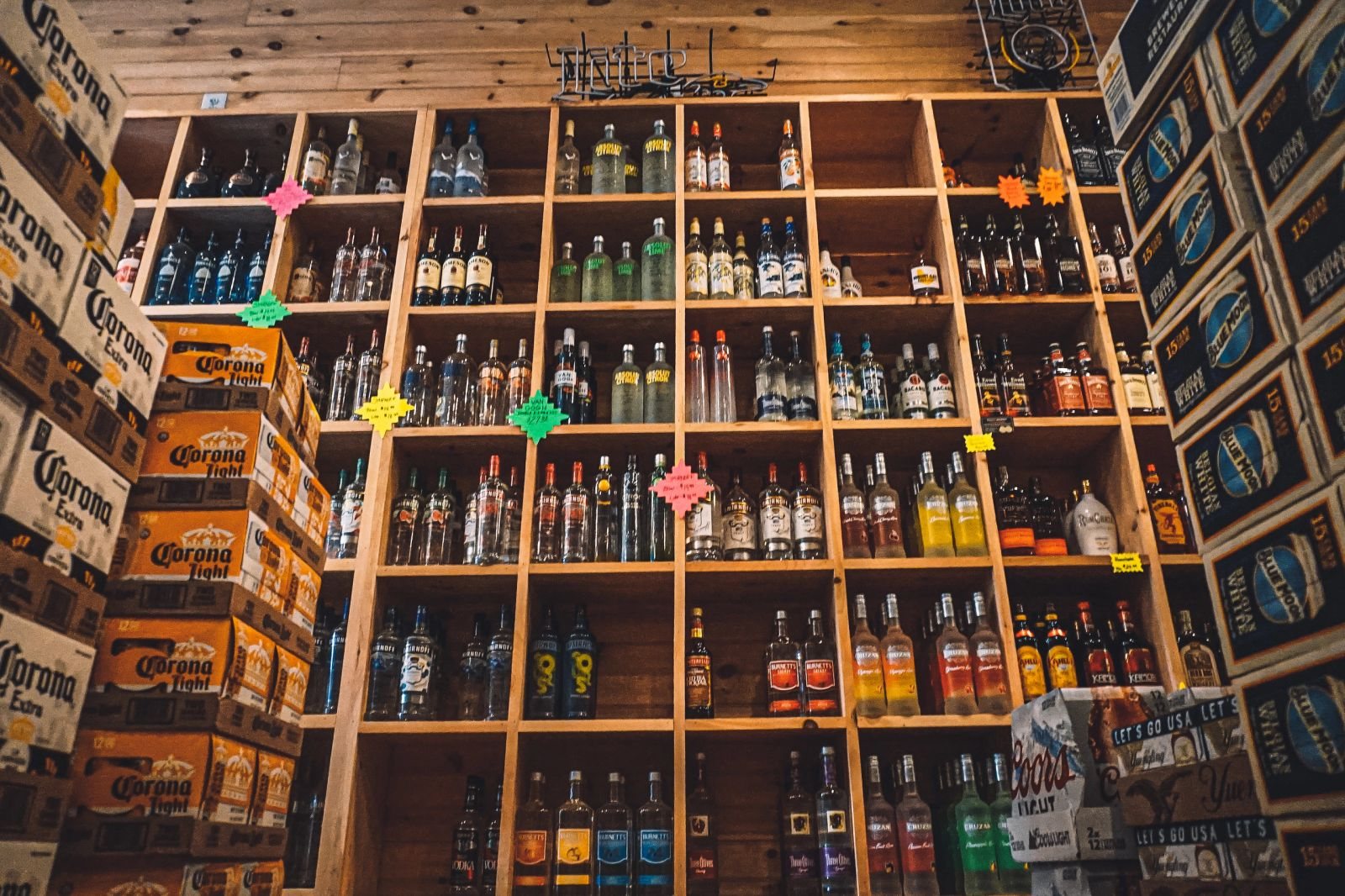 The tavern's liquor store shelves